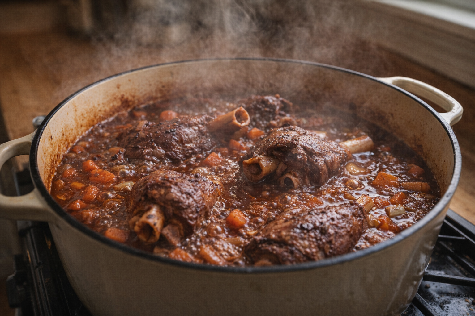 A Dutch oven filled with simmering lamb shanks in red wine sauce, vegetables visible, steam rising. Focus on the bubbling sauce and the tender lamb. Warm, inviting lighting